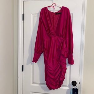 Hot pink ruched midi dress